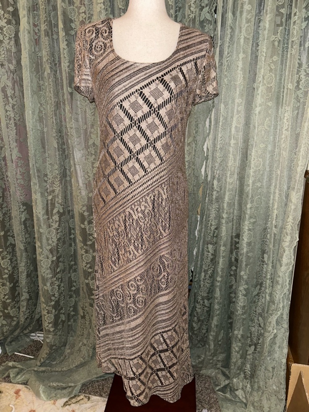 Vintage Tan Beige Crochet Lace Short-Sleeve Maxi Dress